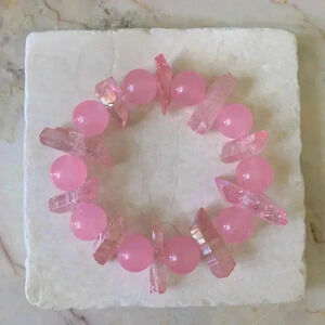 Bracelet, handmade, raw agate crystals, smooth pink agate beads on stretch cord